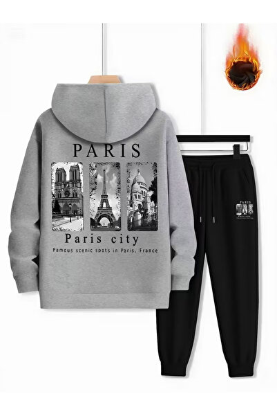 PENTHİLUS Unisex Pa Design Printed 3 Thread Ş Fleece-Lined K Hooded Tracksuit Set