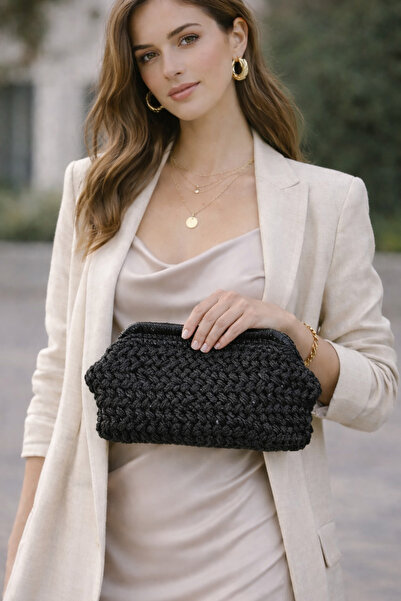 BY AKTEPE STORE Mango Model El Örgüsü Simli Deri Tabanlı Burslu Clutch Çanta ...