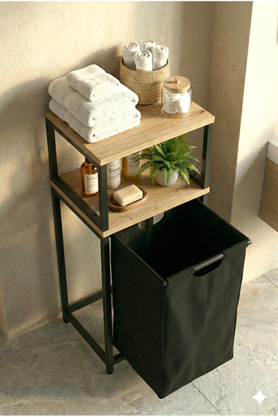 miyuhome Metal Kızaklı Çamaşır Sepeti Raflı 40 LT Kirli Sepeti Büyük Boy Rafl...