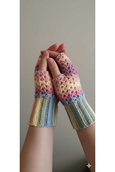 Duru Elegance El Örgüsü Gökkuşağı Parmaksız Eldiven
