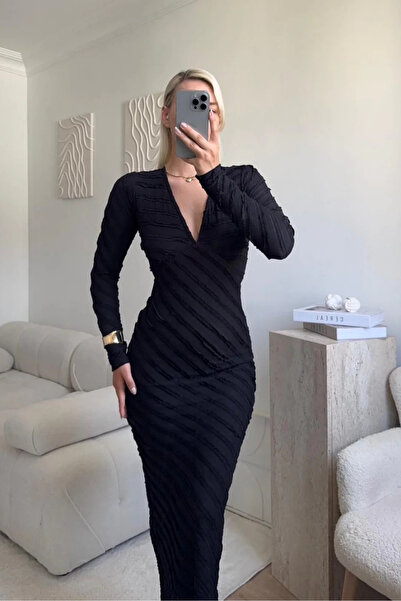 MARTYZ V-Neck Reverse Stitch Long Dress