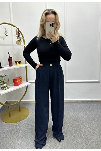 LİSAA BUTİK Premium Series Gold Button Detail Waist Elastic Palazzo Pants
