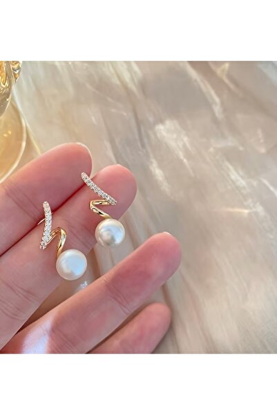 SELUVİA Sarmalanmış Şık İncili Zirkon Taş Detaylı Minimal İnci Boncuk Küpe