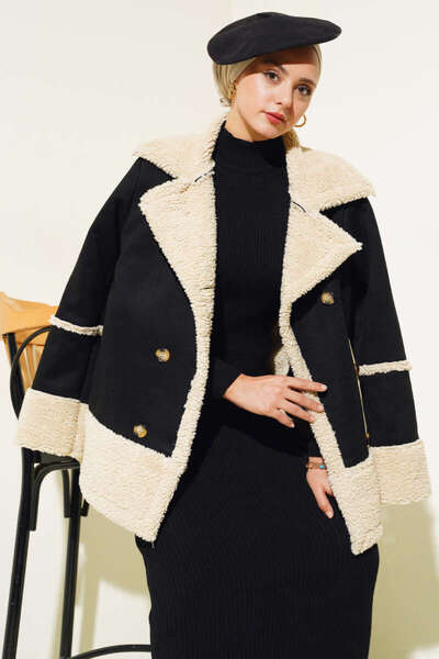 Masal Siyah Kürklü Ara Boy Süet Kaban