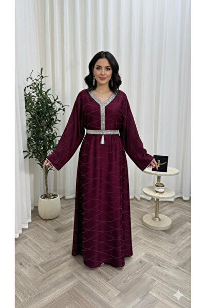 NALA FASHION جلابية عنابية مطرزة بالفضي