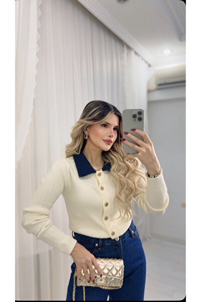 DENİZ Gold Düğmeli Kot Yakalı Triko Hırka