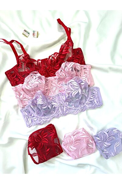 İNKO İÇ GİYİM Patterned Floral Underwire Cupless Bra Thong Set 6-Piece Set