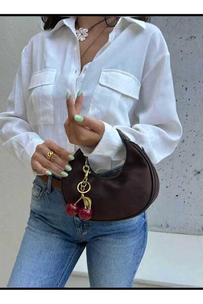 ÖZÜM TAKI Women's Suede Hand and Shoulder Bag Brown with Cherry Charm Gift