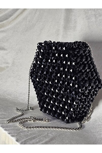 AGH Değerli Hediyeler Geantă de umăr cu mărgele de cristal negru realizată ma...