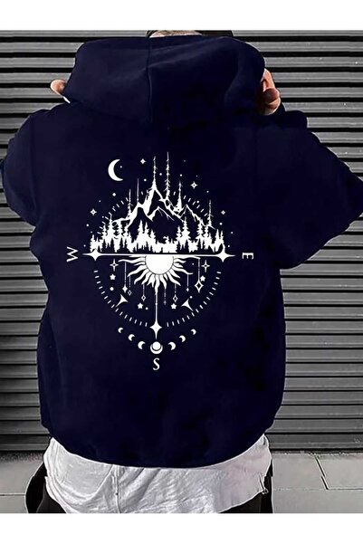 CLASSY.MODA Hanorac unisex Nature Cycle and Compass cu imprimeu supradimensio...