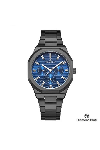 Diamond Blue ساعة دايموند بلو رجالية، سوار أسود وصحن أزرق مخطط، لمسة عصرية جذابة.