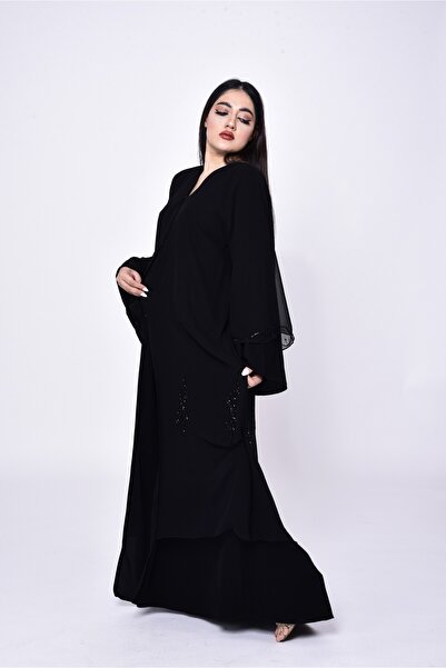 LocalShop Chiffon abaya adorned with luxurious black embroidery