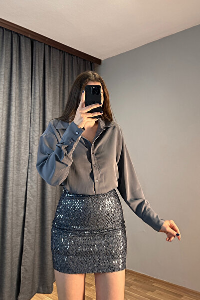 Sorridi Eteği Payetli Mini Gömlek Elbise