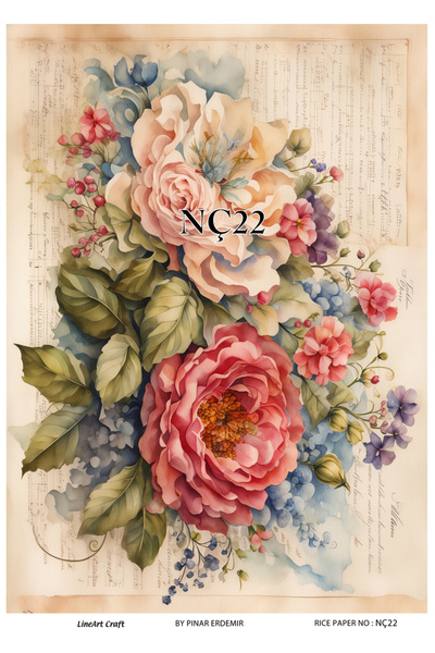 LİNEART Nostaljik Çiçekler Deseni Pirinç Dekopaj Kağıdı No:NÇ22- 29x42cm