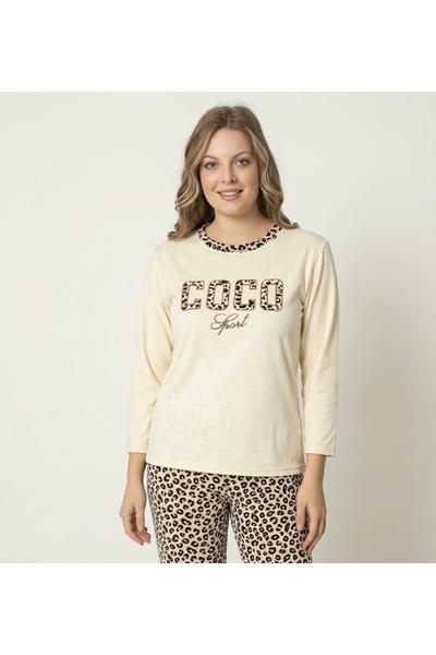 turkish Women's two-piece leopard print loungewear set – cream top and comfor...