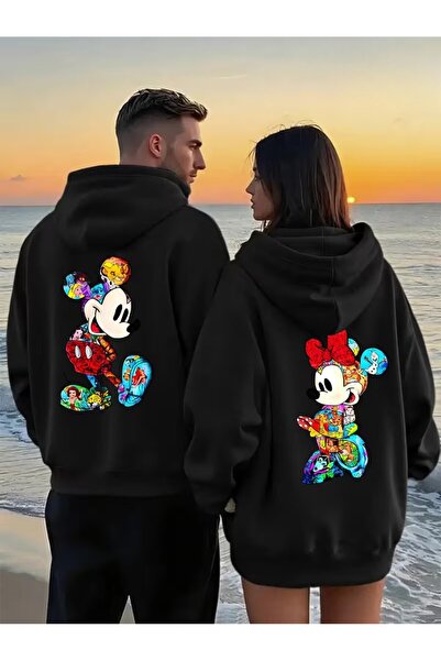 Zonsra Unisex Sevgili Çift Kombin Mickey Mouse Baskılı Kapşonlu Sweatshirt