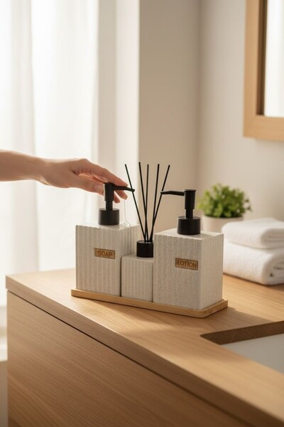 Trendylife طقم أدوات الحمام من بونيز - طقم صابون سائل مع قاعدة من الخيزران 4 قطع بيج