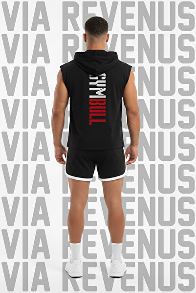 Vordevia Gym Bull Printed Hooded Sleeveless Sports T-Shirt and Piped Sports Shorts Set Gym & Fitness Combo