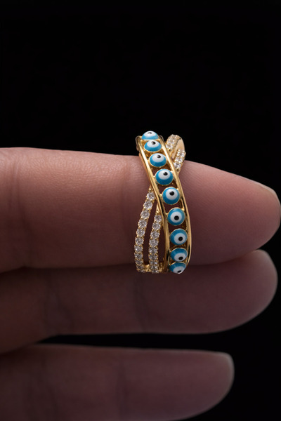 Lanuna Gold Color Women's Ring with Evil Eye Bead Stone Detail