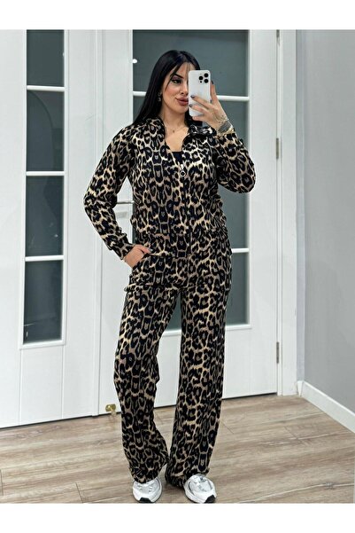 inci bayan giyim Women's Zippered Leopard Print Palazzo Pants with Collar/Brown