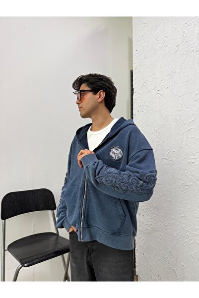 Zincirwear Kol Patch Detay Washed Blue Diyagonel Zip Hoodie