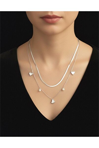 staınless steel Kadın Paslanmaz Çelik Gümüş Renk İnci Detaylı Kalpli Çift Sır...