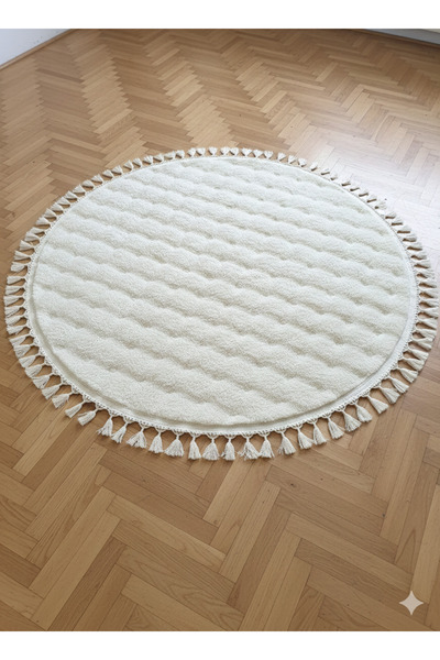 LİNOS HOME Covor de pluș cu franjuri crem din seria Velvet, covor special pufos, rotund, cu bază anti-alunecare, pentru hol.