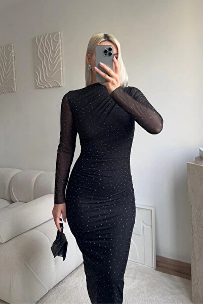 MARTYZ Bisiklet Yaka Drapeli Tül Taşlı Elbise