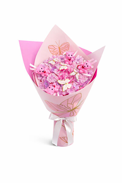 OEM Ayıcık Detaylı Pembe Yapay Çiçek Buketi – Kadınlara Özel Zarif Hediye