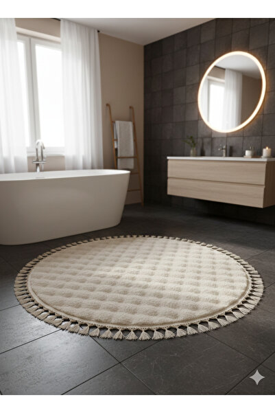 LİNOS HOME Velvet Serisi Krem Saçaklı Bubble Yolluk Özel Puffy Peluş Halı Yuvarlak Kaymaz Taban Antre Hol