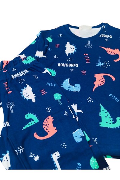 YUMİYUMM Boy's 4-8 Years Old Dinosaur Patterned 100% Cotton Interlock Fabric Long Sleeve Pajama Set