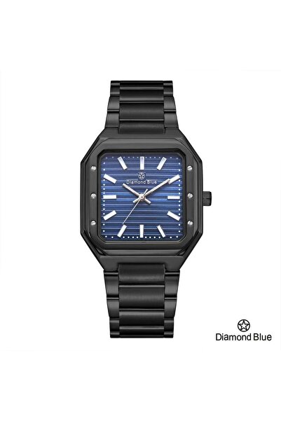 Diamond Blue ساعة دايموند بلو رجالية، سوار أسود وصحن أزرق مخطط، تصميم مربع فريد.