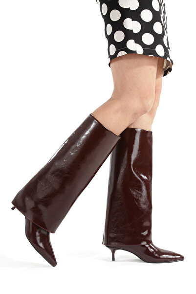 MİNNACE Καφέ ζαρωμένες δερμάτινες μπότες με μυτερή μύτη και λεπτό τακούνι 5 ε...