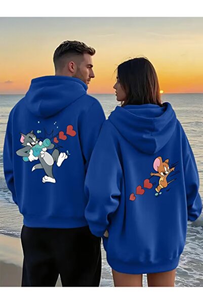 Zonsra Unisex Sevgili Çift Kombin Tom And Jerry Kalp Baskılı Kapşonlu Sweatshirt