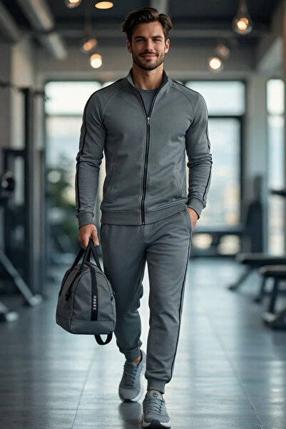 COMBİNE MİCHAİL Men's Sporty Zippered Smoked Tracksuit Set