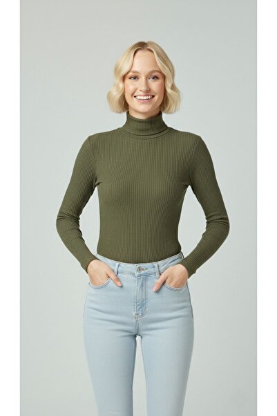 İNDİRİM MODAM Kadın Tam Boğazlı Fitilli Likralı Kaşkorse İnce Uzun Kollu Badi...