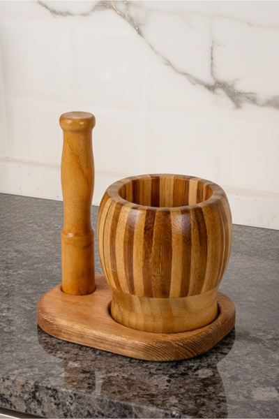 Decoplay Sarımsak Dövme Havanı Bambu Tokmaklı Sarımsak Döveceği Tepsili Öğütme Havanı