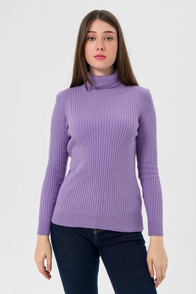 Miss Poem Turtleneck Corded Fabric Women's Lilac Knitwear Sweater