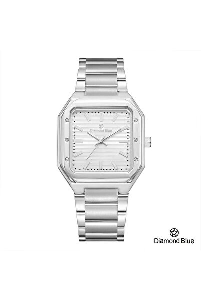 Diamond Blue ساعة دايموند بلو للجنسين، سير فضي، إطار مربع مرصع، صحن أبيض بخطو...