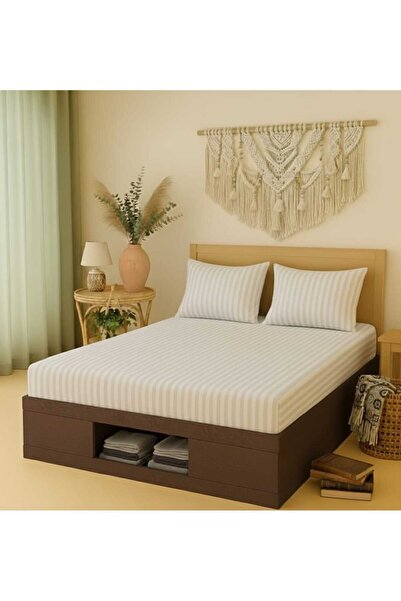 nefisenem Minimal Striped Cotton Satin White Color Bed Sheet Set (Including Pillowcases)