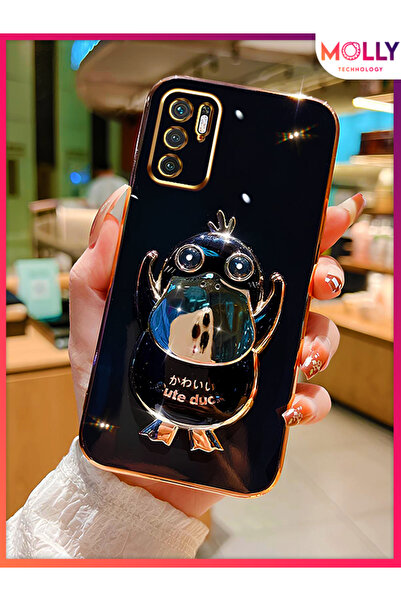 Molly Black Cute Duck Stand Luxury Silicone Case with Gold Detail on the Edge...