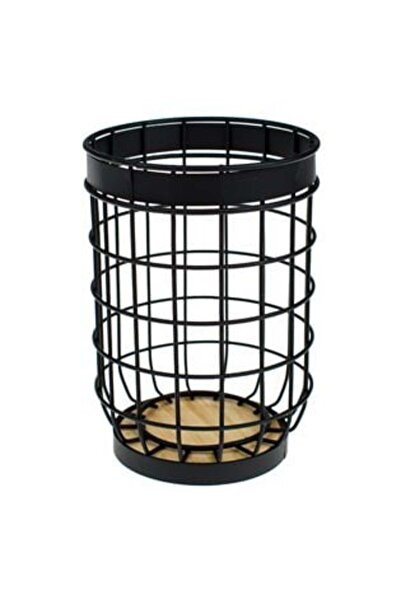 Tessari Round Black Metal Cutlery Holder with Wooden Base Ø12 x 17 cm