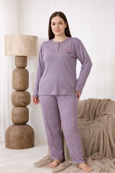 ALACURVE Women's Plus Size Winter Curve Embroidered Patterned Buttoned Collar Pajama Set