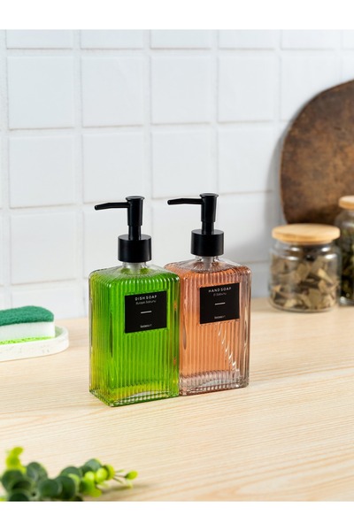 netteucuzluk 2-Piece 500 ml Countertop Glass Liquid Soap Dispenser for Kitchen (2Pcs Label)
