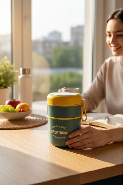 kitchenboost Tohana kulplu çelik sefer tası - yemek termosu saklama kabı 2 katlı mavi 710 ml. 304 çelik