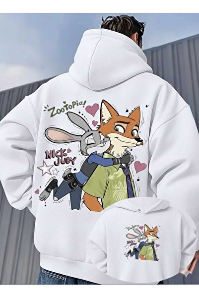 CLASSY.MODA Unisex Oversize Zootopia Nick & Judy Baskılı Kapüşonlu Sweatshirt
