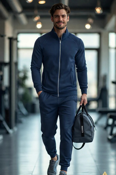 COMBİNE MİCHAİL Men's Sporty Zippered Navy Tracksuit Set