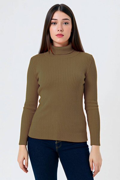 Miss Poem Turtleneck Corded Fabric Women's Brown Knitwear Sweater