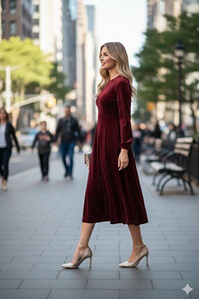 Mossta Calm Elegance Burgundy Velvet Midi Dress