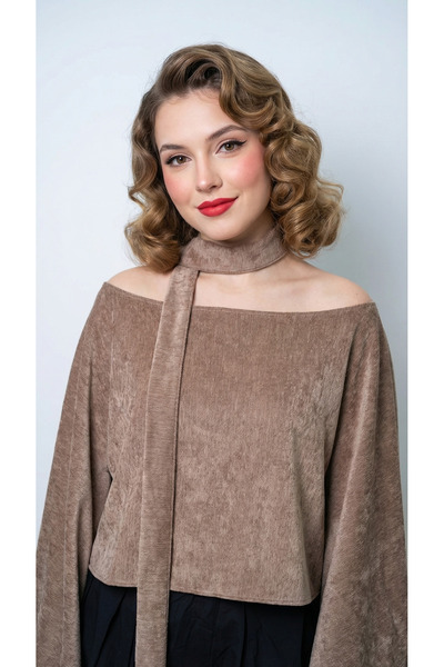 Matcha Butik Women's Chenille Velvet Flowy Bohemian Blouse with Scarf Detail - Beige